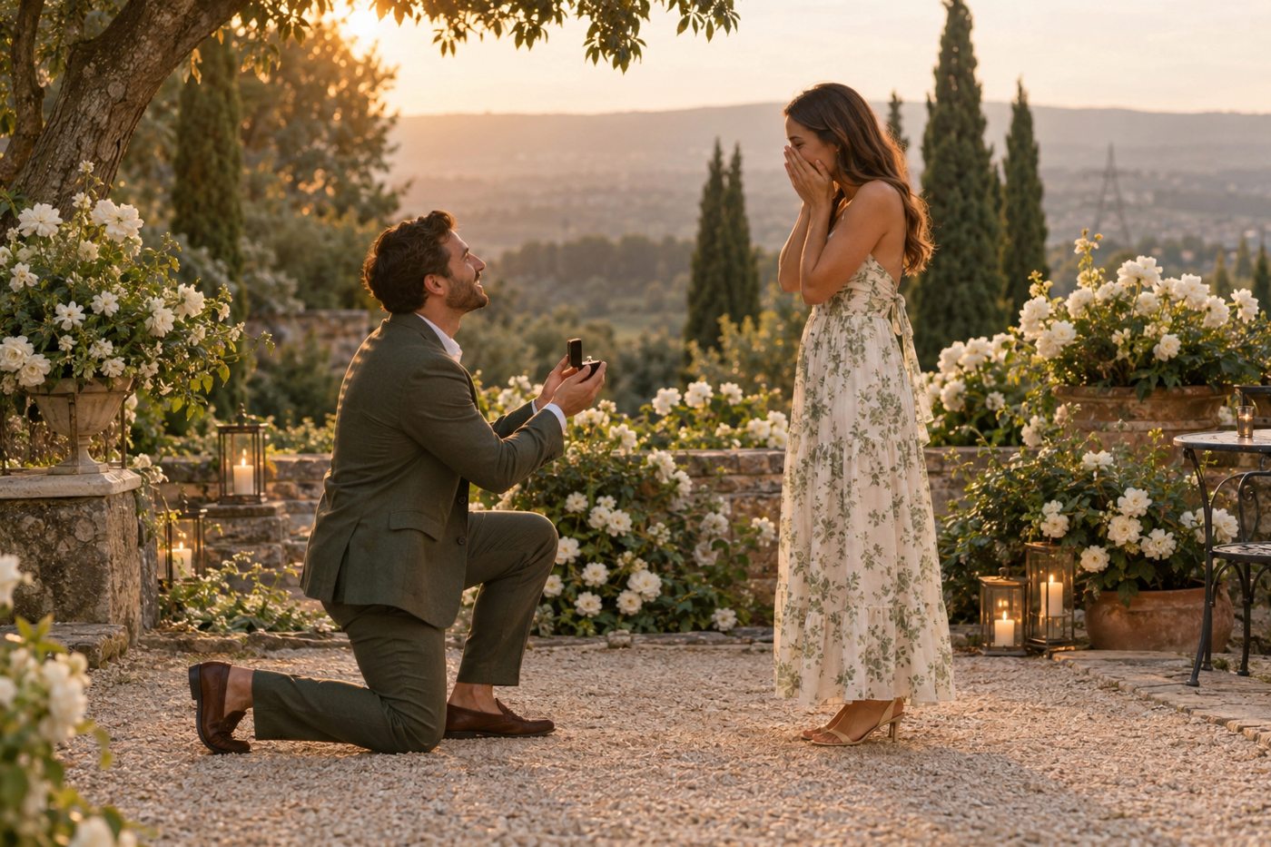A sinistra, un uomo in ginocchio chiede alla fidanzata di sposarlo; a destra, lei si copre la bocca con entrambe le mani, sopraffatta dall’emozione.